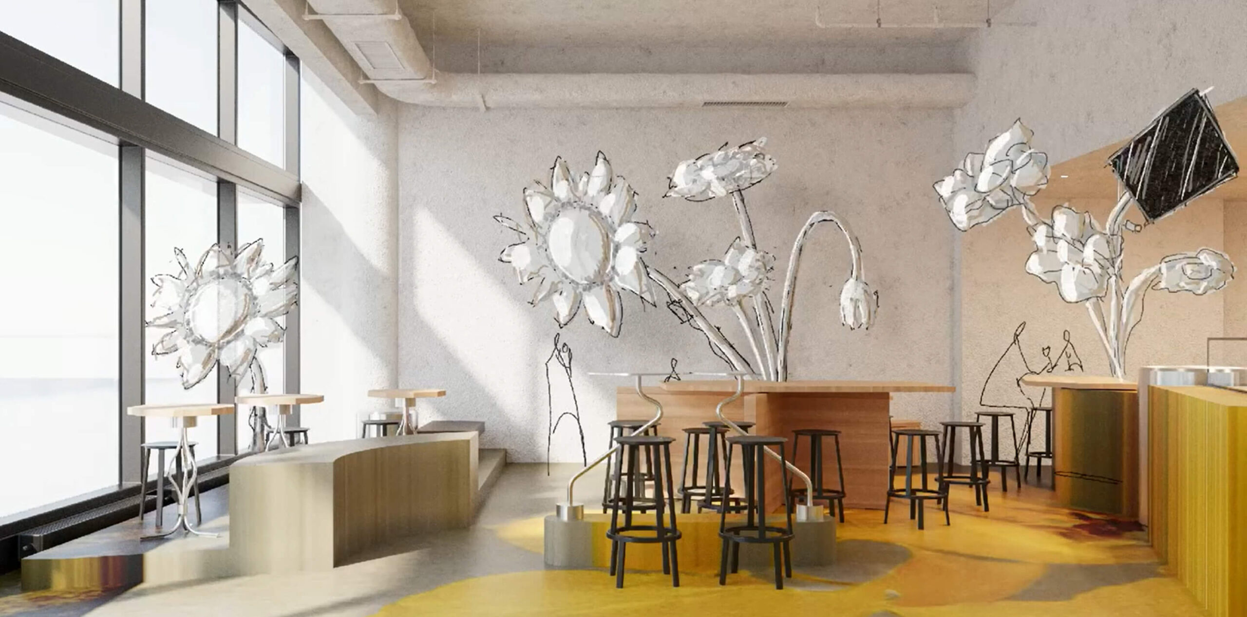 Interior of Heyday Eatery with large reflective metal sunflower sculptures, natural light, wooden tables, and modern seating creating an artistic café atmosphere.